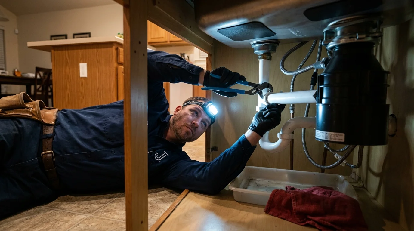 P-trap and supply line connections under a kitchen sink showing a common leak point in Grambling, LA